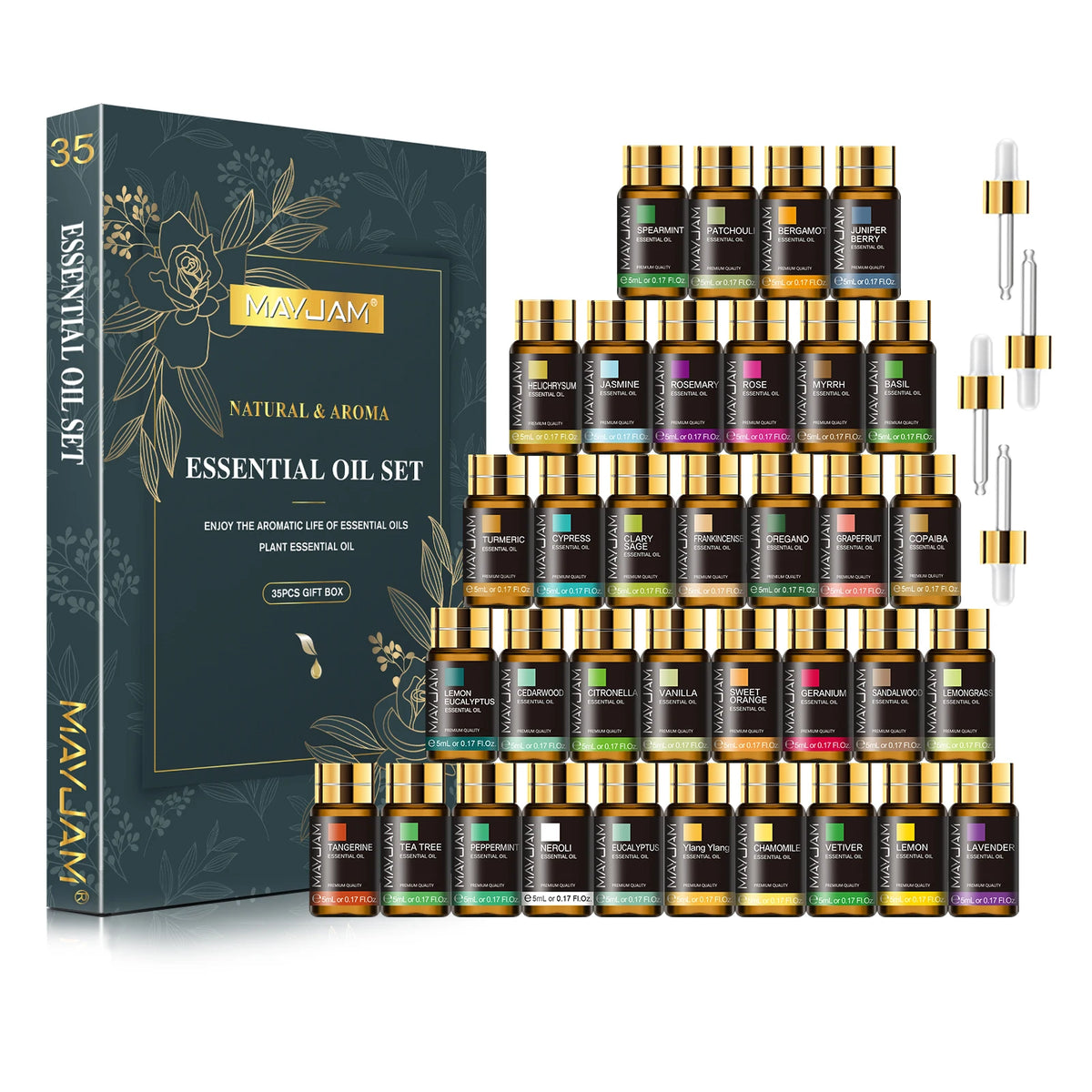 MAYJAM 35 Bottles Essential Oils Kit Gift Box ,Lavender Jasmine Vanilla Lemon Eucalyptus Sandalwood Frankincense SweetOrange Ylang Rose Bergamot Tea Tree Lemongrass Patchouli Rosemary Geranium Citronella Aromatherapy Oil for Humidifier Diffuser DIY Candl