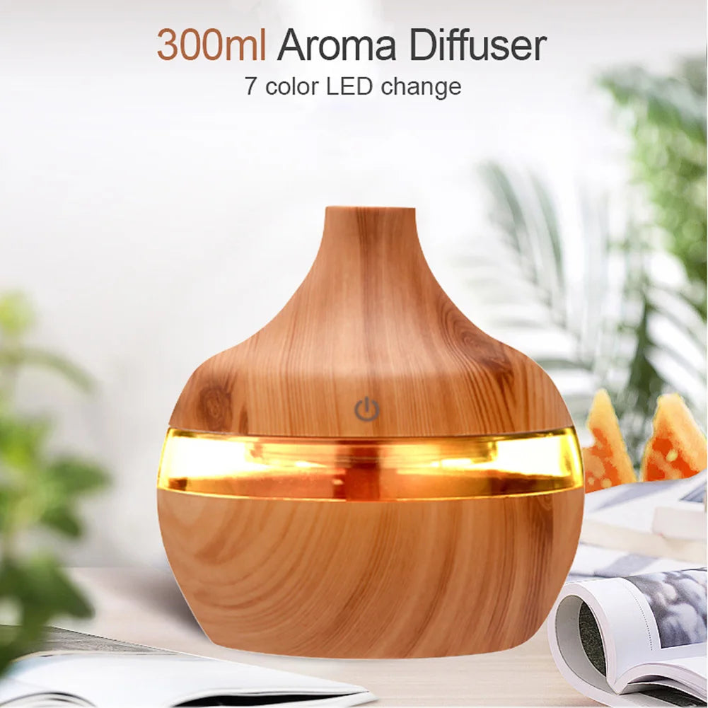 Electric Humidifier Essential Aroma Oil Diffuser Ultrasonic Wood Grain Air Humidifier Mini Mist Maker LED Light for Home