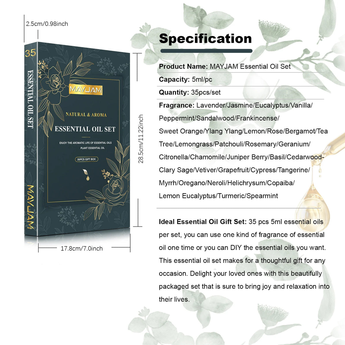 MAYJAM 35 Bottles Essential Oils Kit Gift Box ,Lavender Jasmine Vanilla Lemon Eucalyptus Sandalwood Frankincense SweetOrange Ylang Rose Bergamot Tea Tree Lemongrass Patchouli Rosemary Geranium Citronella Aromatherapy Oil for Humidifier Diffuser DIY Candl