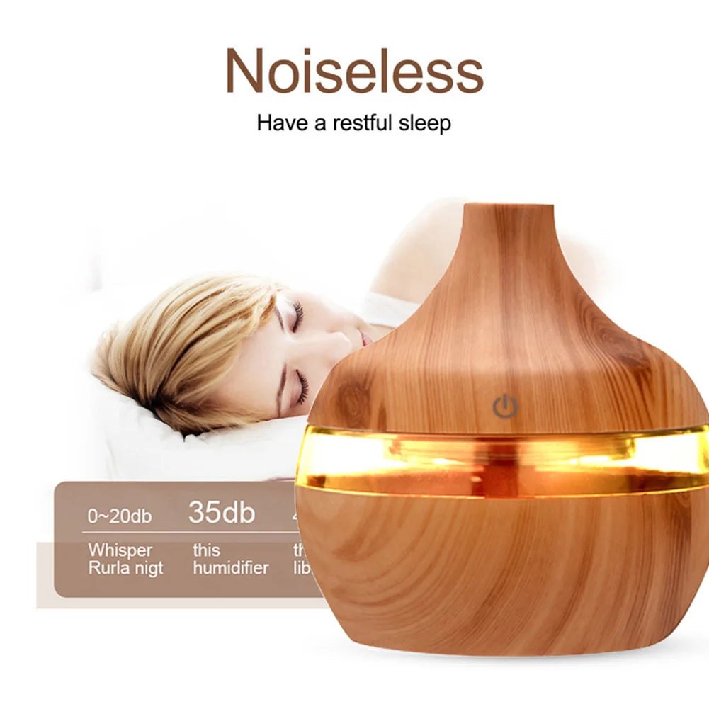 Electric Humidifier Essential Aroma Oil Diffuser Ultrasonic Wood Grain Air Humidifier Mini Mist Maker LED Light for Home
