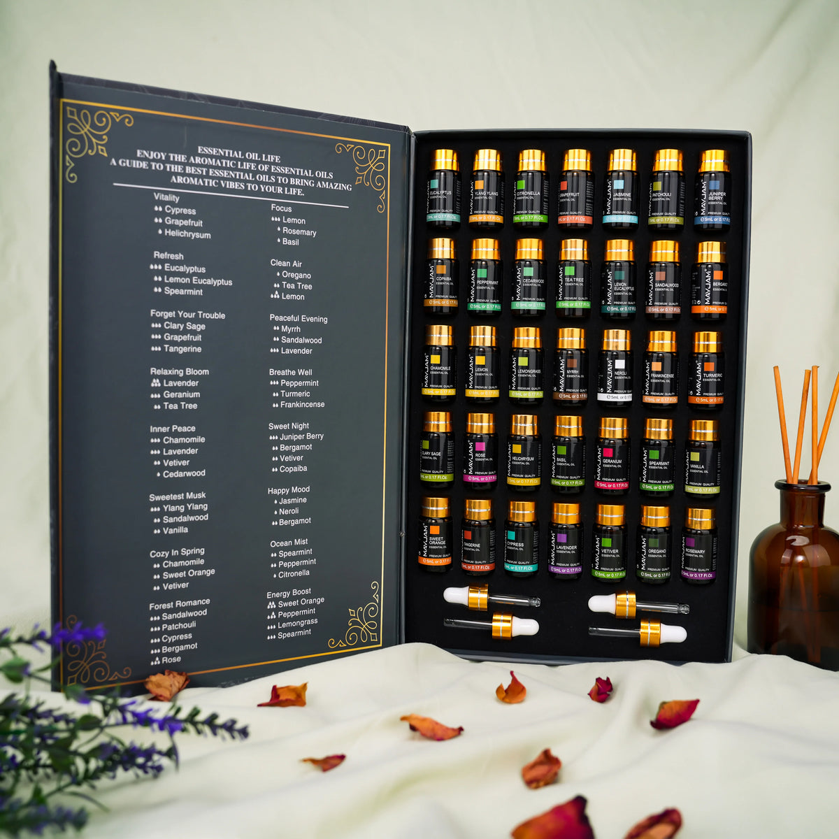 MAYJAM 35 Bottles Essential Oils Kit Gift Box ,Lavender Jasmine Vanilla Lemon Eucalyptus Sandalwood Frankincense SweetOrange Ylang Rose Bergamot Tea Tree Lemongrass Patchouli Rosemary Geranium Citronella Aromatherapy Oil for Humidifier Diffuser DIY Candl